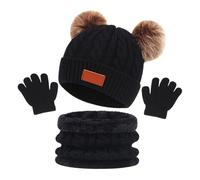 Enfant Bonnet charpe et Gants Ensemble,Polaire Snood Chapeaux avec Pompon Polaire Doublé Chauffe-Cou Cran Tactile pour Fille Garçon