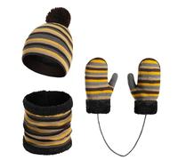 Enfant Bonnet Écharpe et Gants Ensemble Bonnets Tricotés avec Pompon Écharpe d'hiver Chaude Gants écharpe Bonnet Tricot Doublure Épaisse pour Fille Garçon 2-6Ans (Café)