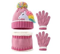 Enfant Bonnet Écharpe Gants Ensemble, Fille Hiver Chaud Tricoté Chapeau avec avec Motif Licorne et Pompon Doux Polaire Doublure Tour de Cou, Accessoires Hiver Set pour Fille 3-7 Ans