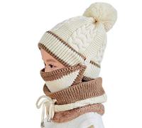 Enfant Bonnet Tricoté Thermique 3 En 1 Set Bonnet Écharpe Masque Facial en Laine Chaud Chapeau d'Extérieur Hiver avec Pompon Tour de Cou Epais Cache-oreilles Coupe-vent pour Ski Snowboard Cyclisme