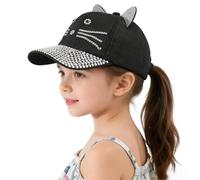 Enfant Casquette Baseball avec Mignon Motif de Chat Casquette à Visière Réglable avec Motif Bling Bling Casquettes Fantaisie Visière à Strass Chapeau Bonnet en Coton Protection Solaire, Noir