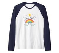 Enfant de Dieu chrétien pour Enfants Arc-en-Ciel Soleil Nuages Manche Raglan, Homme, Bleu Marine/Blanc, L