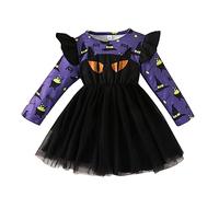 Enfant en bas âge enfants filles Halloween à manches longues dessin animé imprime robes robe vêtements Robe Courte Dentelle (Purple, 12-18 Months)