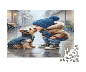 Enfant et Chien Échangeant Un Bisou Puzzle 1000 Pièces Standard Famille Cadeau Anniversaire Activité Stimulante sans Danger Décoration Murale Matériau Écologique 70x50cm/1000pcs