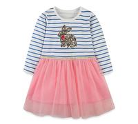 Enfant Fille Automne et Hiver Manches Longues Paillettes Lapin Dessin Animé Imprimé Rayé Mesh Robe Fête Robe d'été de Décontractée Fille 152, Rose, 7 ans