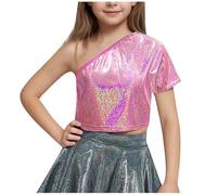 Enfant Fille Hauts de Danse Brillantes Tee Shirt Manches Courtes épaules Obliques pour Enfants Chemise Couleur Unie Costume De Performance Filles Tops Tunique Casual Loose Dancewear 3-16 Ans