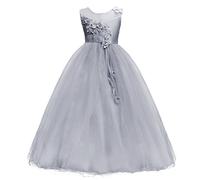 Enfant Fille Robe Cérémonie Longue en Dentelle Robe de Princesse Corsage Florale Fleur Costume Habillée de Soirée Mariage Demoiselle d'Honneur Baptême Fête Anniversaire Cocktail 10-11 Ans Gris