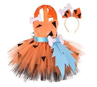 Enfant Fille Robe Danse Costume Flintstone Cavernes Stoneage Pierrafeu BAMM BAMM Déguisement Princesse Cosplay Halloween Fête Noël Bébé Vert Costume Garçon Fille Déguisement (Orange, 2 Years)