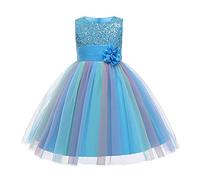 Enfant Fille Robe de Mariage Paillette Sequins Tutu Princesse avec N?UD Papillon Fleur Robe de C?r?Monie Demoiselle d'honneur Canaval Soir?e F?Te Bapt?me Cocktail Bleu Arc-en-Ciel 4-5?Ans