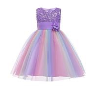 Enfant Fille Robe de Mariage Paillette Sequins Tutu Princesse avec N?UD Papillon Fleur Robe de C?r?Monie Demoiselle d'honneur Canaval Soir?e F?Te Bapt?me Cocktail Violet Arc-en-Ciel 5-6?Ans