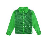 Enfant Garçon Fille Chemise Paillette avec Chapeau Sequins Brillant Costume Danse Moderne Jazz Vêtements Danse Hip-hop Disco Performance Déguisement Chemise à Paillettes Enfant (Green, 7-8 Years)