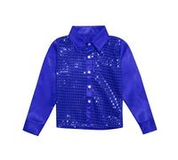 Enfant Garçon Fille Chemise Paillette avec Chapeau Sequins Brillant Costume Danse Moderne Jazz Vêtements Danse Hip-hop Disco Performance Déguisement Chemise à Paillettes Enfant (Blue, 11-12 Years)