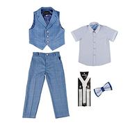 Enfant Garçon Gilet Costume,Garçons Bleu Carreaux Costume Mariage,Costume de Cérémonie 4/5 Pièces Ensemble de Vêtement Costume Baptême Bébe Garcon Tenue de Soirée Costume Smoking d'été 4-5 Ans