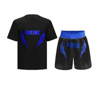 Enfant Garçon Short de Boxe et T-Shirt Ensemble Boxe Muay Thai MMA Kick Boxing Tenue Sport B Noir Bleu 11-12 Ans