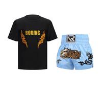 Enfant Garçon Short de Boxe et T-Shirt Ensemble Boxe Muay Thai MMA Kick Boxing Tenue Sport C Noir Bleu Clair 5-6 Ans