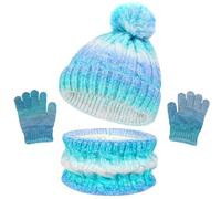 Enfant Hiver Chapeau Bonnet Echarpe Écran Tactile Gants Set Tricot Pompon Bonnets Casquette Gant Cadeaux Chaud Doublure en Polaire Douce pour Filles Garçons (Bleu, 3-10 Years)