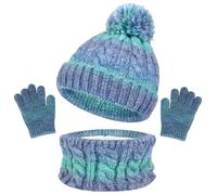 Enfant Hiver Chapeau Bonnet Echarpe Écran Tactile Gants Set Tricot Pompon Bonnets Casquette Gant Cadeaux Chaud Doublure en Polaire Douce pour Filles Garçons (Bleu foncé, 3-10 Years)
