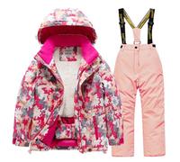 Enfant Neige Bavoir Pantalon et Veste Résistant à la Neige 2 Pièces Hiver Ensemble Manches Longues à Capuche de Ski Alpinisme pour 3-12 Ans Doudoune Manteau Zippé Enfant pour Alpinisme Ski