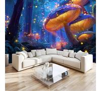 Enfant Papier Peint Panoramique Magie Forêt, Mural Fantaisie Champignons Lucioles 350 X 256 Cmintissé Tapisserie Poster Pour Filles Garçons - Moderne Décoration Murale Bleu Pour Bureau Chambre