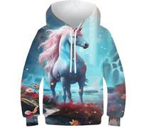 Enfants Adolescents Sweats à Capuche Impression 3D Licorne Cheval Sweatshirt Poche Pull à Capuche Filles Garçons Manches Longues Veste Drôle Cool Hoodie 9-11Y