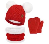 Enfants Bébés Hiver Bonnet Gants Tactiles Écharpe Ensemble Bonnet Pompon Moufles Cache-Cou avec Doublure Polaire pour 0-4 Ans Fille Garçon
