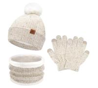 Enfants Bébés Hiver Bonnet Gants Tactiles Écharpe Ensemble Bonnet Pompon Moufles Cache-Cou avec Doublure Polaire pour 5-8 Ans Fille Garçon