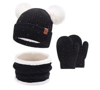 Enfants Bébés Hiver Bonnet Gants Tactiles Écharpe Ensemble Bonnet Pompon Moufles Cache-Cou avec Doublure Polaire pour 0-4 Ans Fille Garçon