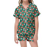 Enfants Ensembles de Pyjama en Satin Unisexe Confortable et Doux Manche Courte Top Short Ado Fille Vêtement Petite pour Le Carnaval la Fête d'halloween Empreintes Fruits Cardigan à Boutons