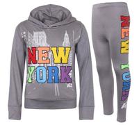 Enfants Filles Crop & Legging New York Imprimé Gris Encapuchonné Haut & Bas Tenue Vêtements Ensembles 7-8 ans