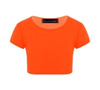 Enfants Filles Néon Fluorescent Plaine À Manches Courtes Crop Tops T-Shirt Tee Top Dance Wear Gymnastique Déguisements Orange Fluo 9-10 Ans