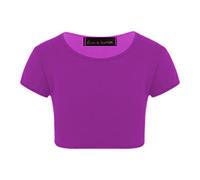 Enfants Filles Néon Fluorescent Plaine À Manches Courtes Crop Tops T-Shirt Tee Top Dance Wear Gymnastique Déguisements Violet 5-6 Ans