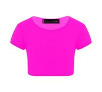 Enfants Filles Néon Fluorescent Plaine À Manches Courtes Crop Tops T-Shirt Tee Top Dance Wear Gymnastique Déguisements Rose néon 5-6 Ans