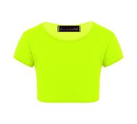 Enfants Filles Néon Fluorescent Plaine À Manches Courtes Crop Tops T-Shirt Tee Top Dance Wear Gymnastique Déguisements Jaune Fluo 9-10 Ans