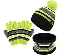 Enfants Hiver Bonnet Chaud Tricot Chapeau Echarpe Gants Ensemble pour Garcon Fille 2-7 Ans avec Doublure Polaire Pompon