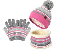 Enfants Hiver Bonnet Chaud Tricot Chapeau Echarpe Gants Ensemble pour Garcon Fille 2-7 Ans avec Doublure Polaire Pompon