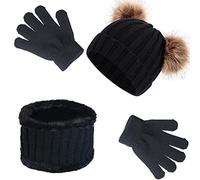 Enfants Hiver Chapeau Écharpe Gants Set, 1 Pièce Bonnet Tricoté, 1 Pièce Bonnet Double Polaire Chaud Écharpe avec 1 Paire de Extensible Gants, Noir Ensemble Chaud d'hiver pour Enfants 5-12 Années