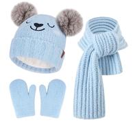 Enfants Hiver Chaud Bonnet Pompon Echarpe Gants Ensemble Moufles Cache-Cou avec Polaire Cadeaux Noel pour 0 3 6 Mois 1 2 3 4 Ans Bebe Fille Garçon