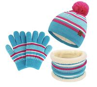 Enfants Hiver Tricoter Chaud Bonnet Chapeau Echarpe Gants Ensemble pour Garcon Fille 2-7 Ans avec Doublure Polaire Pompon, Bleu Ciel