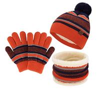Enfants Hiver Tricoter Chaud Bonnet Chapeau Echarpe Gants Ensemble pour Garcon Fille 2-7 Ans avec Doublure Polaire Pompon, Orange