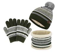 Enfants Hiver Tricoter Chaud Bonnet Chapeau Echarpe Gants Ensemble pour Garcon Fille 2-7 Ans avec Doublure Polaire Pompon, Vert Armée