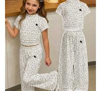 Enfants Jeune Fille Vintage Doux Léger - Imprimé Léopard, Cheval Chevalier, 2 pièces/Ensemble : Haut Ajusté à Col Haut Plissé avec Pantalon Large, Retour à l'École, Y2K 6Y,7Y,4Y,5Ygraphique,Motif text
