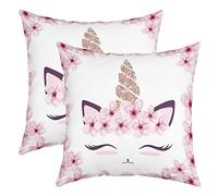 Enfants Licorne Taies d'oreiller 50x50cm Doux Fantastique Le Cheval Taie Oreiller Fille Cute Licorne Décoratif Lot De 2 Housse de Coussin Rose Cerises Floraison Housse Coussins