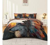 Enfants Literie 200 x 200 cm, Filles Ensemble de Literie, Animal Loup Plume Housse de Couette, Réaliste Multicolore Ensemble de Literie Décoratif Microfibre