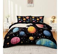 Enfants Literie 200 x 200 cm, Filles Ensemble de Literie, Espace Planète Soleil Housse de Couette, Illustration Multicolore Ensemble de Literie Décoratif Microfibre