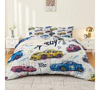 Enfants Literie 200 x 200 cm, Filles Ensemble de Literie, Voiture De Course Drapeau Housse de Couette, Graffiti Multicolore Ensemble de Literie Décoratif Microfibre