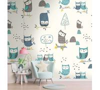 Enfants Papier Avec Hiboux Et Arbres - Coloré, Crème, Bleu