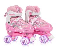 Enfants Patins à roulettes Patins à roulettes Enfant Poupée Roller Quad Ajustable avec 4 Roues Lumineuses Taille Réglable pour Filles Débutants Cadeau d'anniversaire-S-Rose