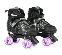 Enfants Patins à roulettes Patins à roulettes Enfant Poupée Roller Quad Ajustable avec 4 Roues Lumineuses Taille Réglable pour Filles Débutants Cadeau d'anniversaire-S-Noir