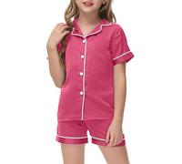 Enfants Pyjama Ensembles 2 Pcs Court Enfant Fille Ensemble Deux pièces Tops Col Rond+Shorts Imprimé en Soie Boutonné Manches Courtes té Coton Cadeau Ado