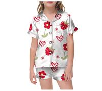 Enfants Pyjama Ensembles 2 Pcs Fille Ensemble Deux pièces Manches Courtes avec Haut et Short Satin De Soie Bouton imprimé Mignon Cadeau Ado